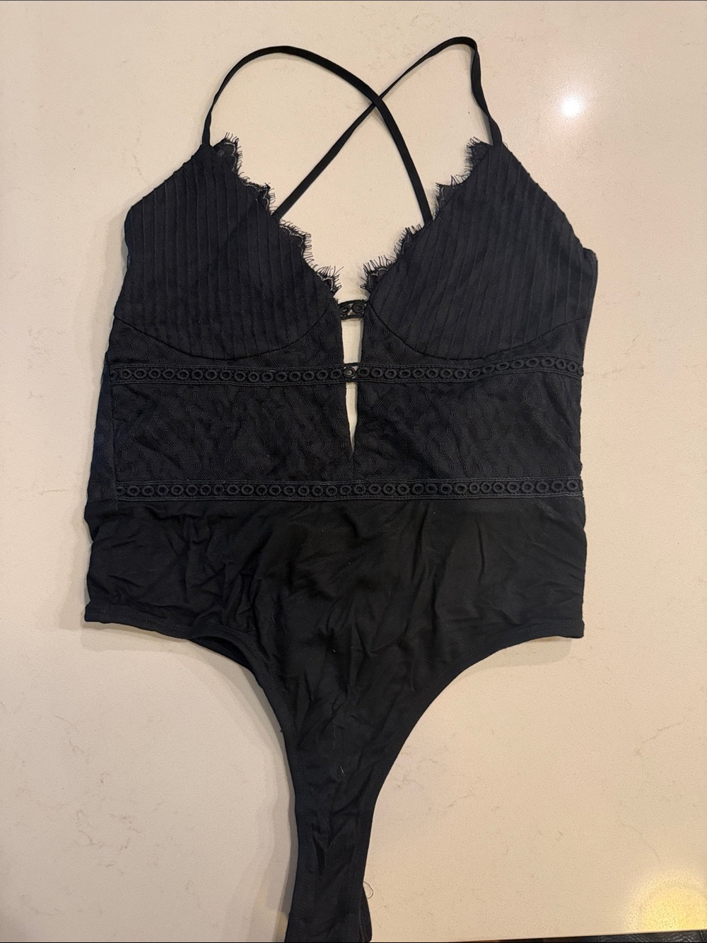 superdown Black Lace Trim Ribbed Bodysuit